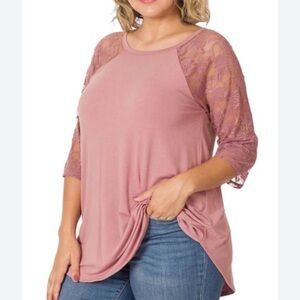 🟠NWT ZENANA Plus 3/4 Lace Sleeve Top in Light Rose
